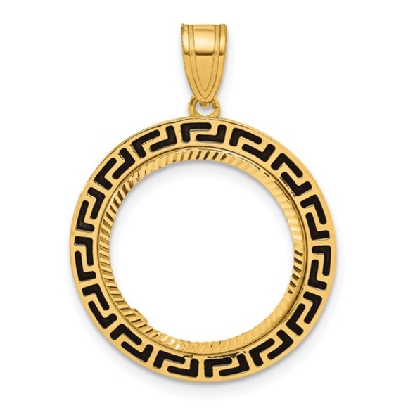 14K Yellow Gold Greek Key Coin Bezel Pendant – Diamond-Cut with Black Enamel - Picture 1 of 3